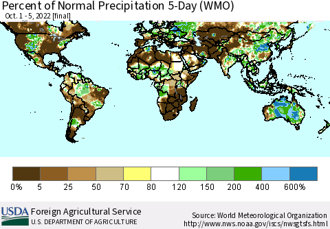 World Percent of Normal Precipitation 5-Day (WMO) Thematic Map For 10/1/2022 - 10/5/2022