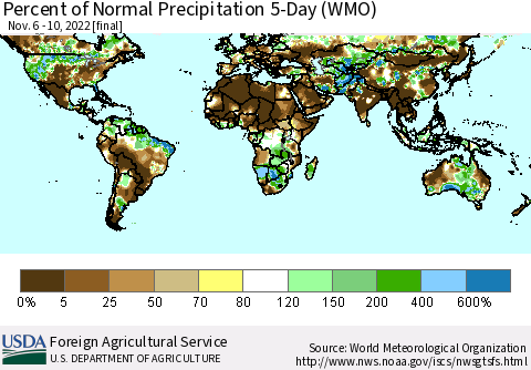 World Percent of Normal Precipitation 5-Day (WMO) Thematic Map For 11/6/2022 - 11/10/2022