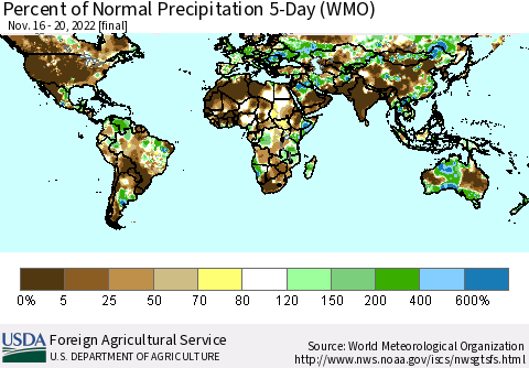 World Percent of Normal Precipitation 5-Day (WMO) Thematic Map For 11/16/2022 - 11/20/2022