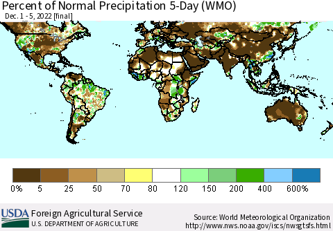 World Percent of Normal Precipitation 5-Day (WMO) Thematic Map For 12/1/2022 - 12/5/2022