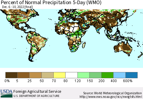 World Percent of Normal Precipitation 5-Day (WMO) Thematic Map For 12/6/2022 - 12/10/2022