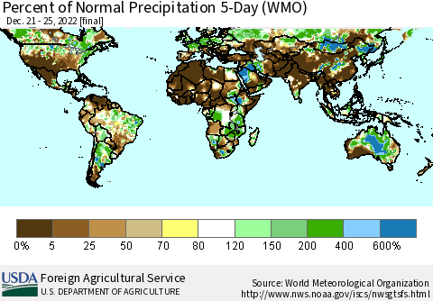 World Percent of Normal Precipitation 5-Day (WMO) Thematic Map For 12/21/2022 - 12/25/2022