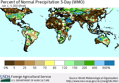 World Percent of Normal Precipitation 5-Day (WMO) Thematic Map For 1/1/2023 - 1/5/2023