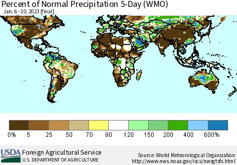 World Percent of Normal Precipitation 5-Day (WMO) Thematic Map For 1/6/2023 - 1/10/2023