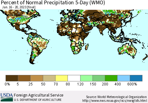 World Percent of Normal Precipitation 5-Day (WMO) Thematic Map For 1/16/2023 - 1/20/2023
