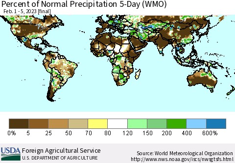World Percent of Normal Precipitation 5-Day (WMO) Thematic Map For 2/1/2023 - 2/5/2023