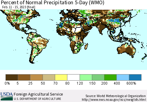 World Percent of Normal Precipitation 5-Day (WMO) Thematic Map For 2/11/2023 - 2/15/2023