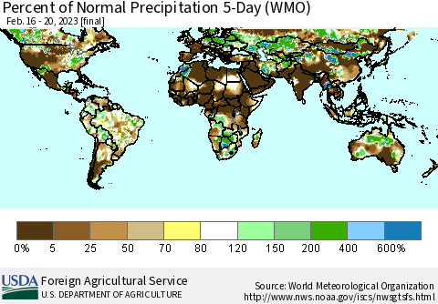 World Percent of Normal Precipitation 5-Day (WMO) Thematic Map For 2/16/2023 - 2/20/2023