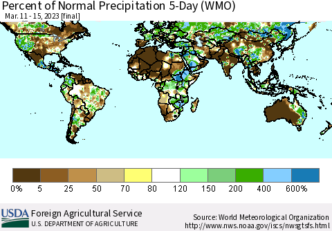 World Percent of Normal Precipitation 5-Day (WMO) Thematic Map For 3/11/2023 - 3/15/2023
