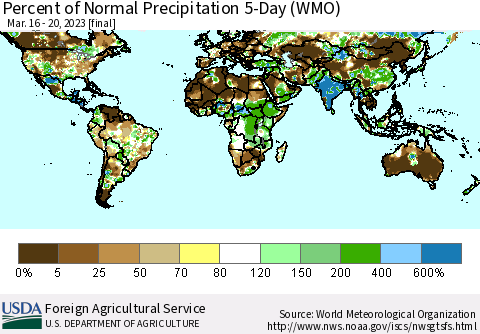 World Percent of Normal Precipitation 5-Day (WMO) Thematic Map For 3/16/2023 - 3/20/2023