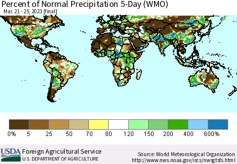 World Percent of Normal Precipitation 5-Day (WMO) Thematic Map For 3/21/2023 - 3/25/2023
