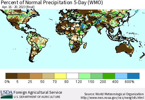 World Percent of Normal Precipitation 5-Day (WMO) Thematic Map For 4/16/2023 - 4/20/2023