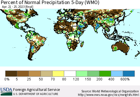 World Percent of Normal Precipitation 5-Day (WMO) Thematic Map For 4/21/2023 - 4/25/2023
