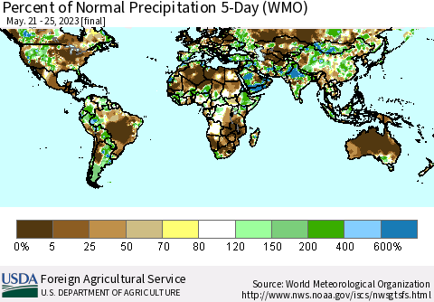 World Percent of Normal Precipitation 5-Day (WMO) Thematic Map For 5/21/2023 - 5/25/2023
