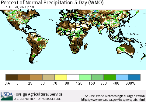 World Percent of Normal Precipitation 5-Day (WMO) Thematic Map For 6/16/2023 - 6/20/2023