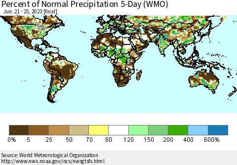 World Percent of Normal Precipitation 5-Day (WMO) Thematic Map For 6/21/2023 - 6/25/2023