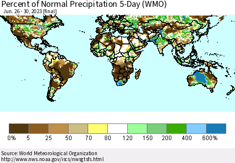 World Percent of Normal Precipitation 5-Day (WMO) Thematic Map For 6/26/2023 - 6/30/2023