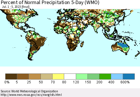 World Percent of Normal Precipitation 5-Day (WMO) Thematic Map For 7/1/2023 - 7/5/2023
