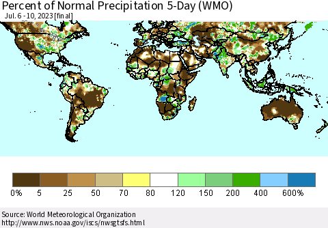 World Percent of Normal Precipitation 5-Day (WMO) Thematic Map For 7/6/2023 - 7/10/2023