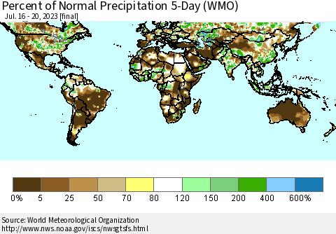 World Percent of Normal Precipitation 5-Day (WMO) Thematic Map For 7/16/2023 - 7/20/2023