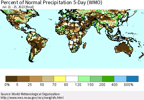 World Percent of Normal Precipitation 5-Day (WMO) Thematic Map For 7/21/2023 - 7/25/2023