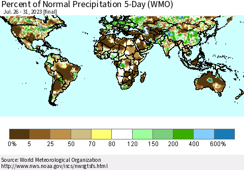 World Percent of Normal Precipitation 5-Day (WMO) Thematic Map For 7/26/2023 - 7/31/2023
