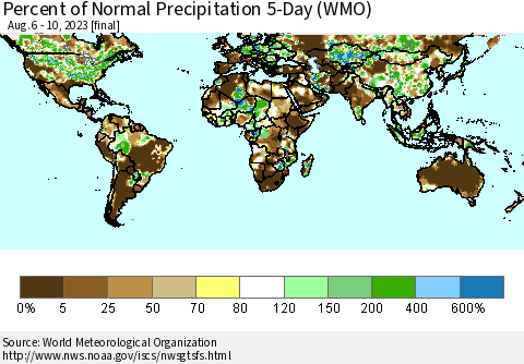 World Percent of Normal Precipitation 5-Day (WMO) Thematic Map For 8/6/2023 - 8/10/2023