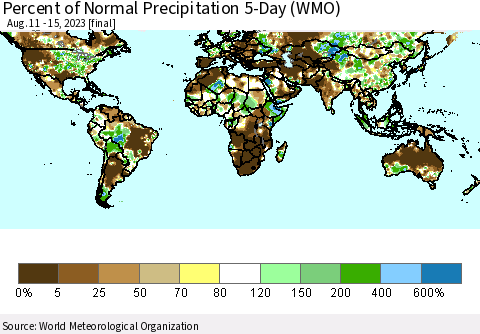 World Percent of Normal Precipitation 5-Day (WMO) Thematic Map For 8/11/2023 - 8/15/2023