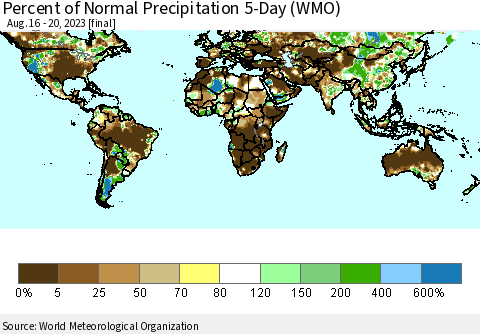World Percent of Normal Precipitation 5-Day (WMO) Thematic Map For 8/16/2023 - 8/20/2023