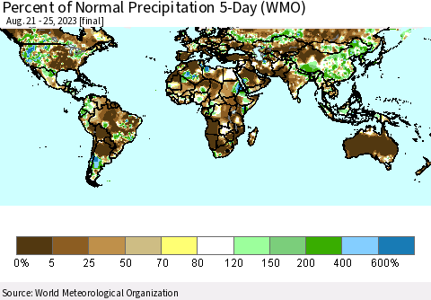 World Percent of Normal Precipitation 5-Day (WMO) Thematic Map For 8/21/2023 - 8/25/2023