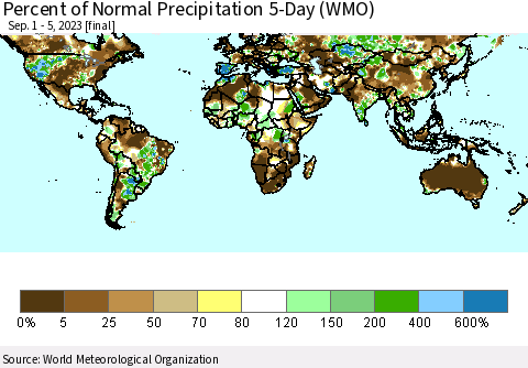 World Percent of Normal Precipitation 5-Day (WMO) Thematic Map For 9/1/2023 - 9/5/2023