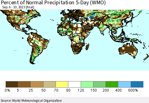 World Percent of Normal Precipitation 5-Day (WMO) Thematic Map For 9/6/2023 - 9/10/2023