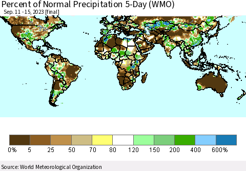 World Percent of Normal Precipitation 5-Day (WMO) Thematic Map For 9/11/2023 - 9/15/2023