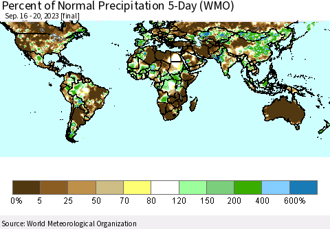 World Percent of Normal Precipitation 5-Day (WMO) Thematic Map For 9/16/2023 - 9/20/2023
