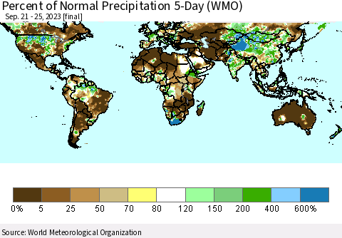 World Percent of Normal Precipitation 5-Day (WMO) Thematic Map For 9/21/2023 - 9/25/2023