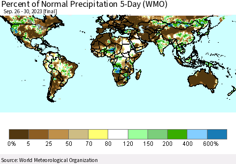 World Percent of Normal Precipitation 5-Day (WMO) Thematic Map For 9/26/2023 - 9/30/2023