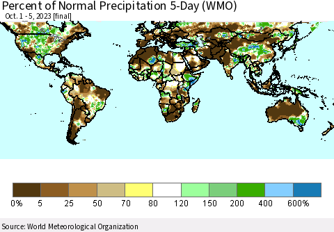World Percent of Normal Precipitation 5-Day (WMO) Thematic Map For 10/1/2023 - 10/5/2023