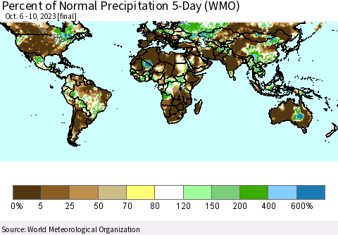World Percent of Normal Precipitation 5-Day (WMO) Thematic Map For 10/6/2023 - 10/10/2023