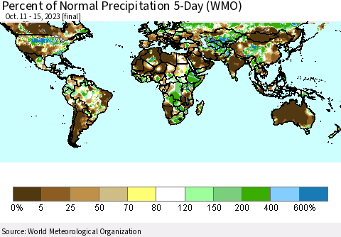 World Percent of Normal Precipitation 5-Day (WMO) Thematic Map For 10/11/2023 - 10/15/2023