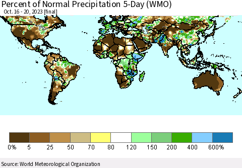 World Percent of Normal Precipitation 5-Day (WMO) Thematic Map For 10/16/2023 - 10/20/2023