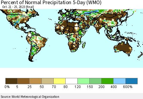 World Percent of Normal Precipitation 5-Day (WMO) Thematic Map For 10/21/2023 - 10/25/2023