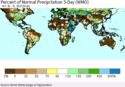 World Percent of Normal Precipitation 5-Day (WMO) Thematic Map For 10/26/2023 - 10/31/2023