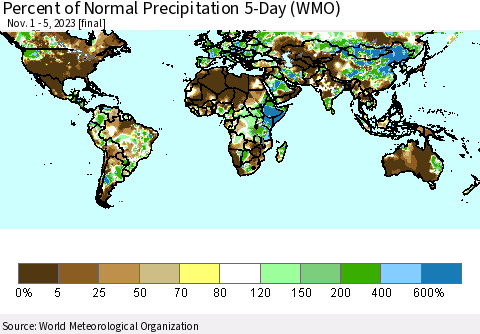 World Percent of Normal Precipitation 5-Day (WMO) Thematic Map For 11/1/2023 - 11/5/2023