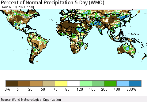 World Percent of Normal Precipitation 5-Day (WMO) Thematic Map For 11/6/2023 - 11/10/2023