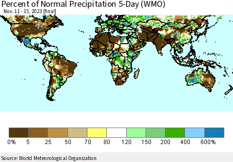 World Percent of Normal Precipitation 5-Day (WMO) Thematic Map For 11/11/2023 - 11/15/2023