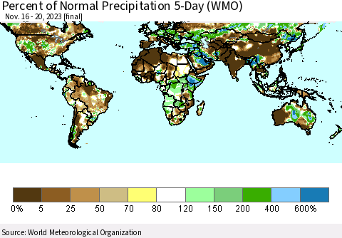 World Percent of Normal Precipitation 5-Day (WMO) Thematic Map For 11/16/2023 - 11/20/2023