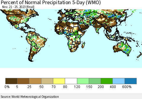 World Percent of Normal Precipitation 5-Day (WMO) Thematic Map For 11/21/2023 - 11/25/2023