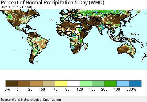 World Percent of Normal Precipitation 5-Day (WMO) Thematic Map For 12/1/2023 - 12/5/2023