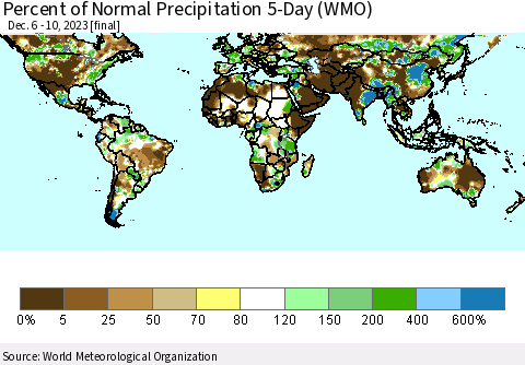 World Percent of Normal Precipitation 5-Day (WMO) Thematic Map For 12/6/2023 - 12/10/2023