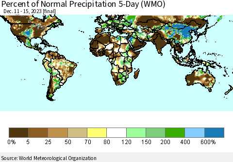 World Percent of Normal Precipitation 5-Day (WMO) Thematic Map For 12/11/2023 - 12/15/2023